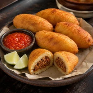 Goudbruine Pastéis de Mandioca met één opengebroken pasteitje en zichtbare rundvleesvulling