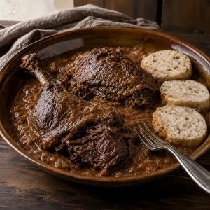 Vierkante foto van gestoofde wilde eend in donkere saus met drie ronde broodknoedels en een vork in een bruine schaal