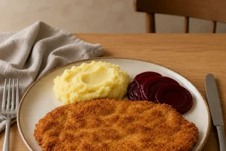 Grote goudbruine gepaneerde varkensschnitzel met aardappelpuree en plakjes rode biet
