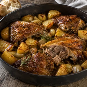Donkere braadpan met goudbruin lamsvlees