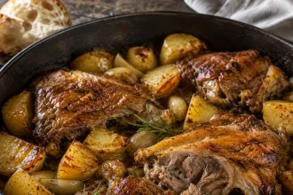 Donkere braadpan met goudbruin lamsvlees