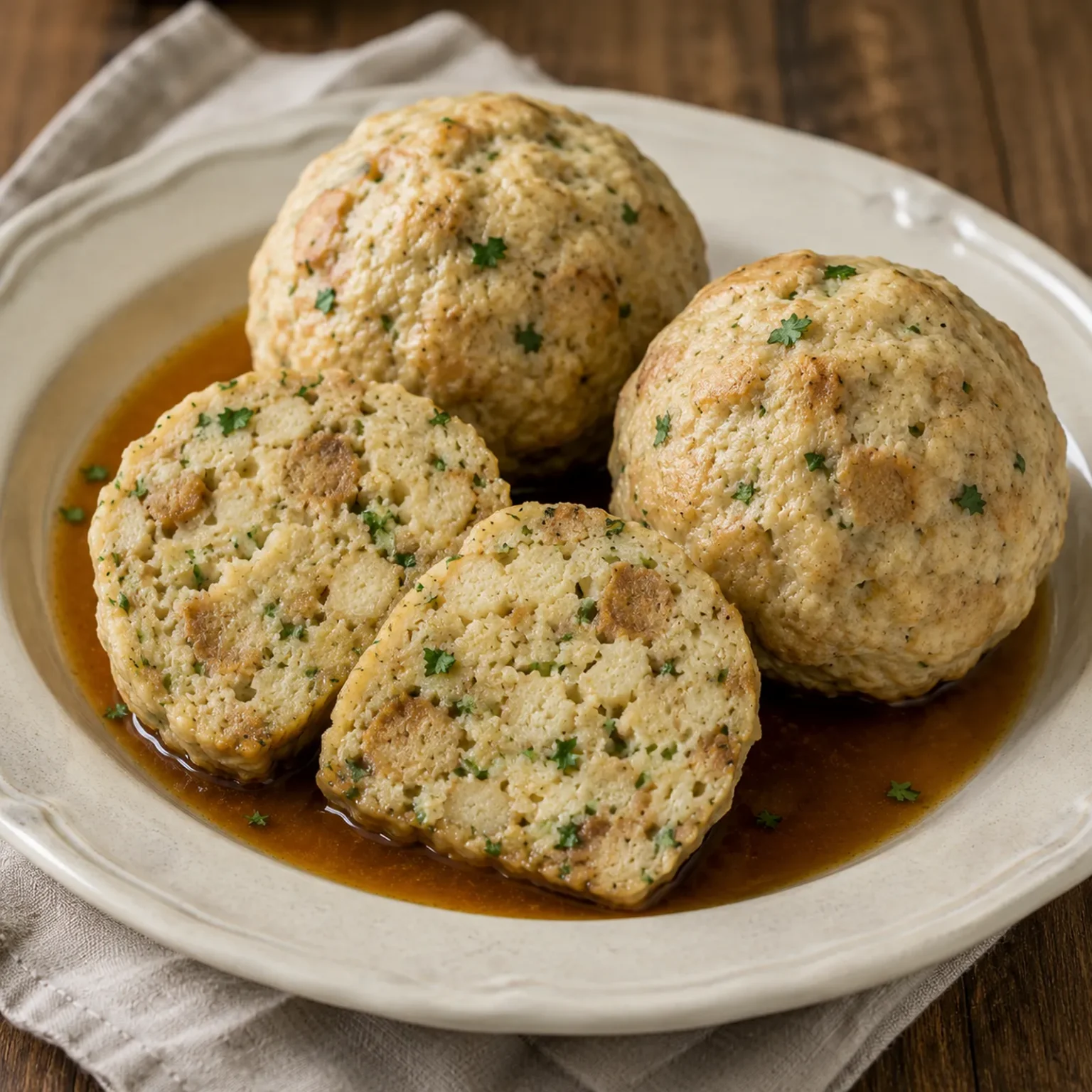 Vier Semmelknödel in bruine jus