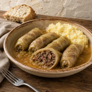 Vierkante foto van Sinjski arambašići met aardappelpuree en een doorgesneden zuurkoolrolletje