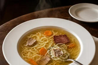 Vierkante opname van heldere kalfsbouillon met fijne noedels