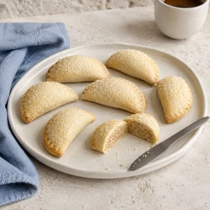 Vierkante compositie van halvemaanvormige Trogirse rafioli met een doorgesneden koekje en zichtbare amandelvulling