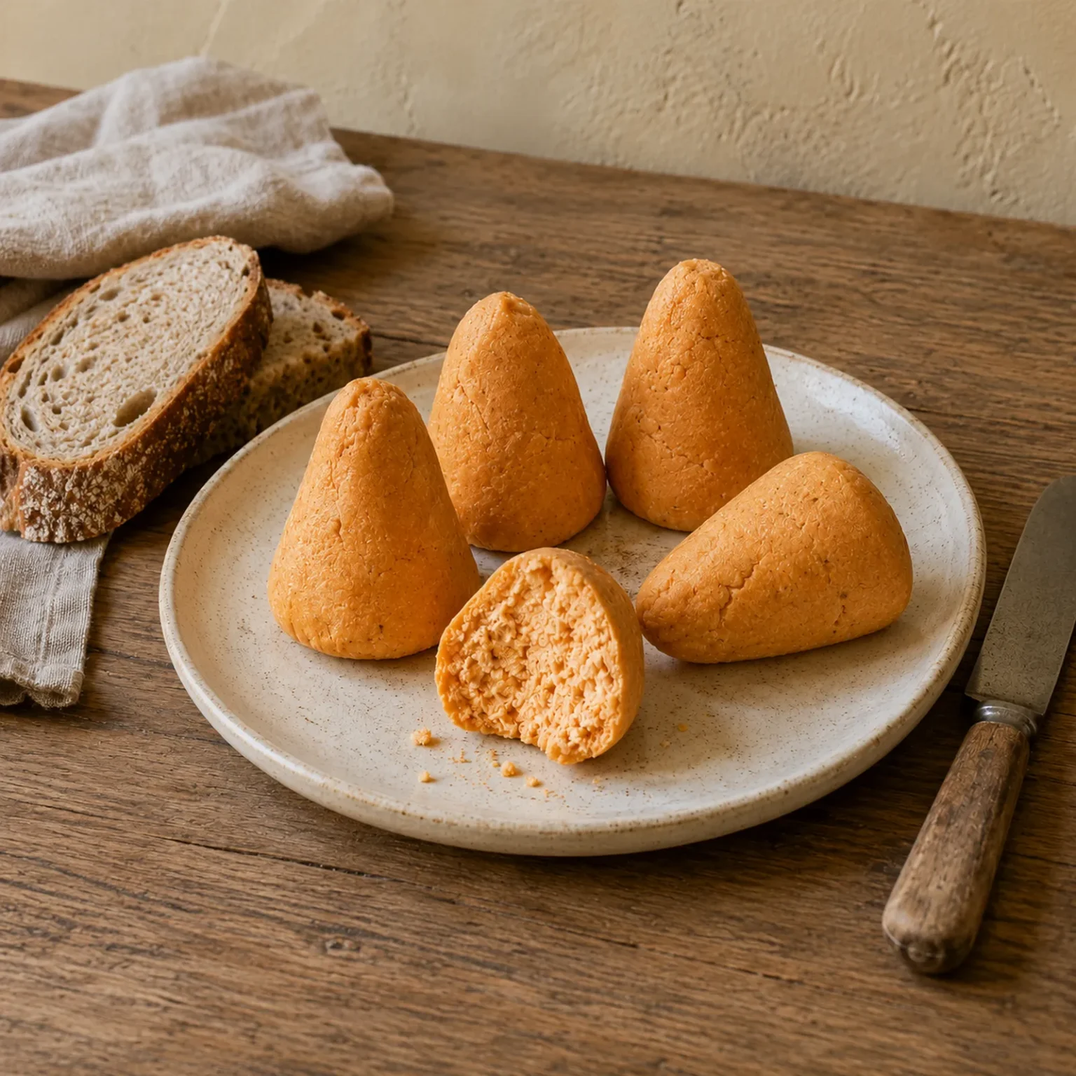 Vierkante compositie van oranje Turoš-kegels met een doorgesneden exemplaar