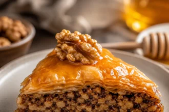 Vierkante opname van goudbruine baklavaruiten met walnoothelften en zichtbare lagen filodeeg.