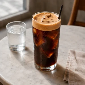Vierkante close-up van freddo espresso met een fijne lichtbruine crema