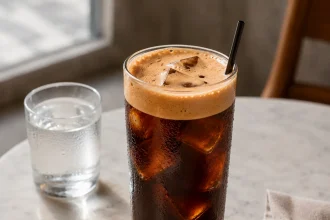 Vierkante close-up van freddo espresso met een fijne lichtbruine crema