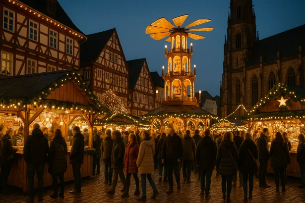 Duitse kerstmarkt met verlichte houten kraampjes en bezoekers in de avond