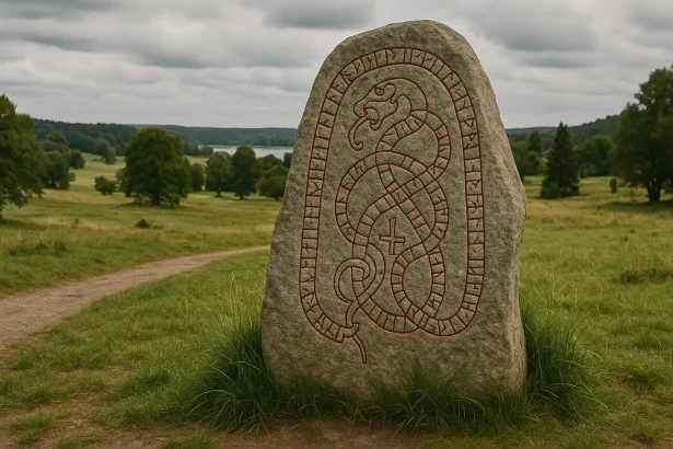 Vikingrunensteen met ingekerfde runen en ornamenten in Scandinavië