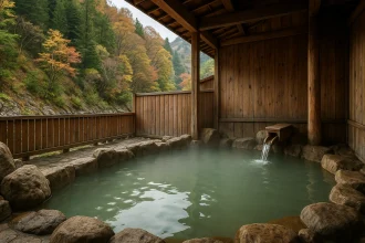 Japanse onsen met warm bronwater in een rustige natuurlijke omgeving