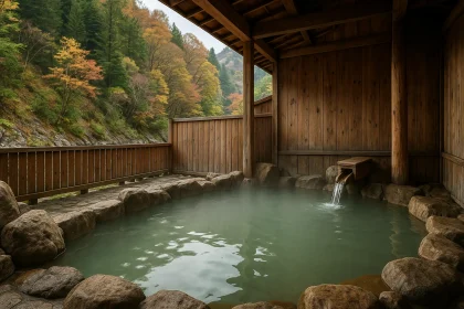 Japanse onsen met warm bronwater in een rustige natuurlijke omgeving