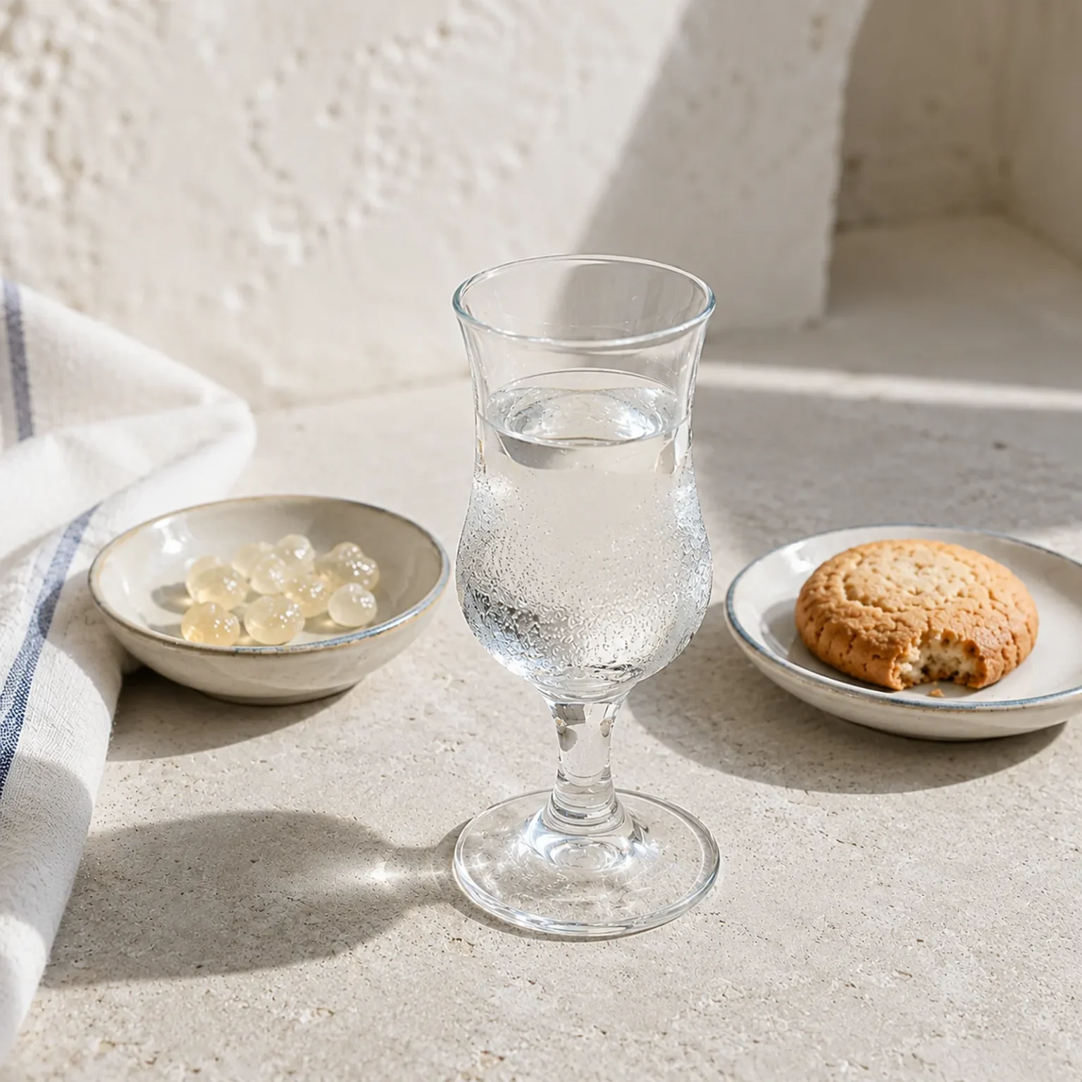 Heldere mastiha-likeur in een glas met steel naast doorschijnende mastiektranen en een neutraal koekje op aparte schaaltjes