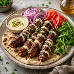 Vierkante bovenaanzichtfoto van vier donker gegrilde gehaktspiesen op pita met tahinsaus
