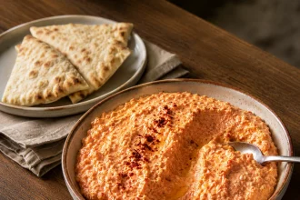 Oranjerode tirokafteri in een lage kom met lepel