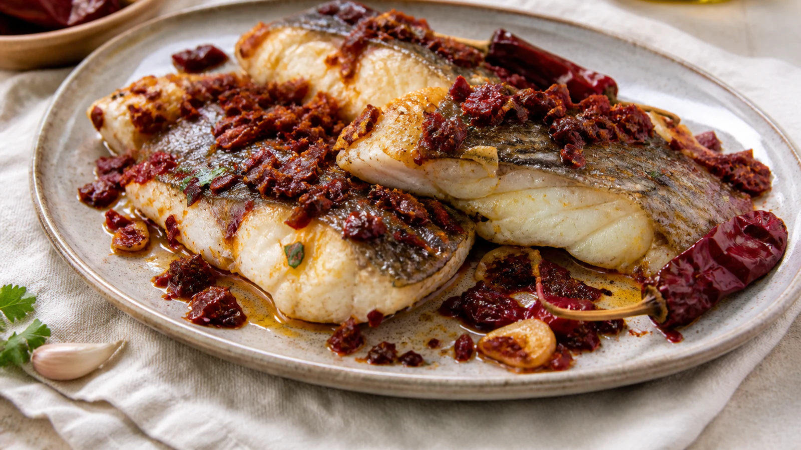 Baccalà alla lucana com bacalhau em lascas e peperoni cruschi crocantes