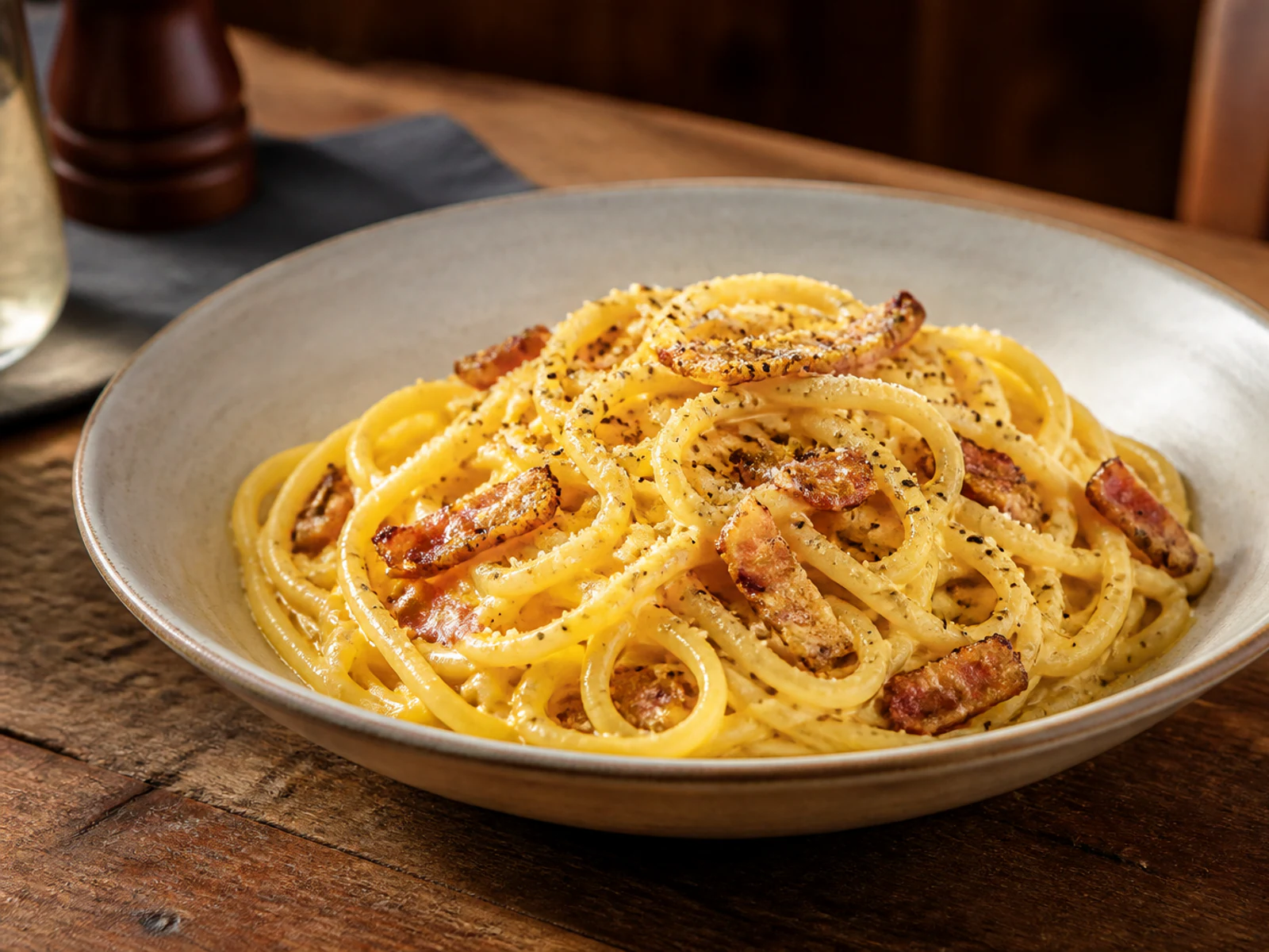 Spaghetti alla carbonara com guanciale, Pecorino e pimenta-do-reino