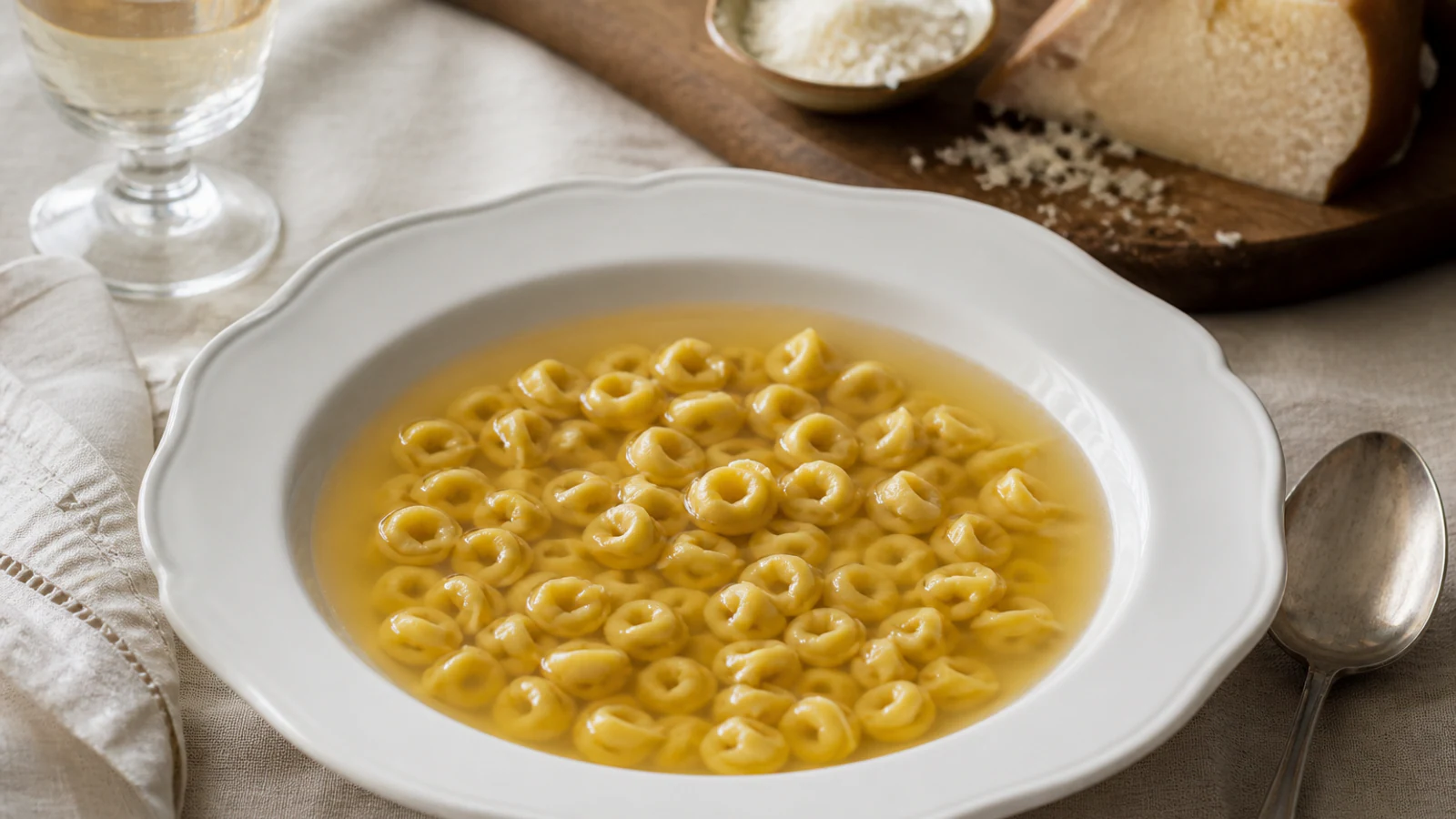 Pequenos anéis de tortellini servidos em caldo claro e dourado