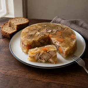 Круглая свиная холодетина с крупными кусками мяса и морковью