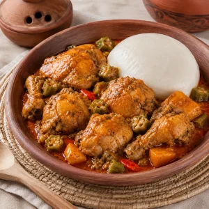 Кусочки курицы в красно-оранжевой муамбе с бамией