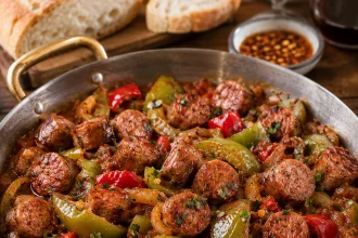 Греческие колбаски спецофаи с перцем и томатами