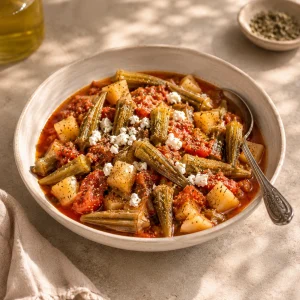 Целые стручки бамии и картофель в красном томатном соусе с крошками феты и петрушкой.