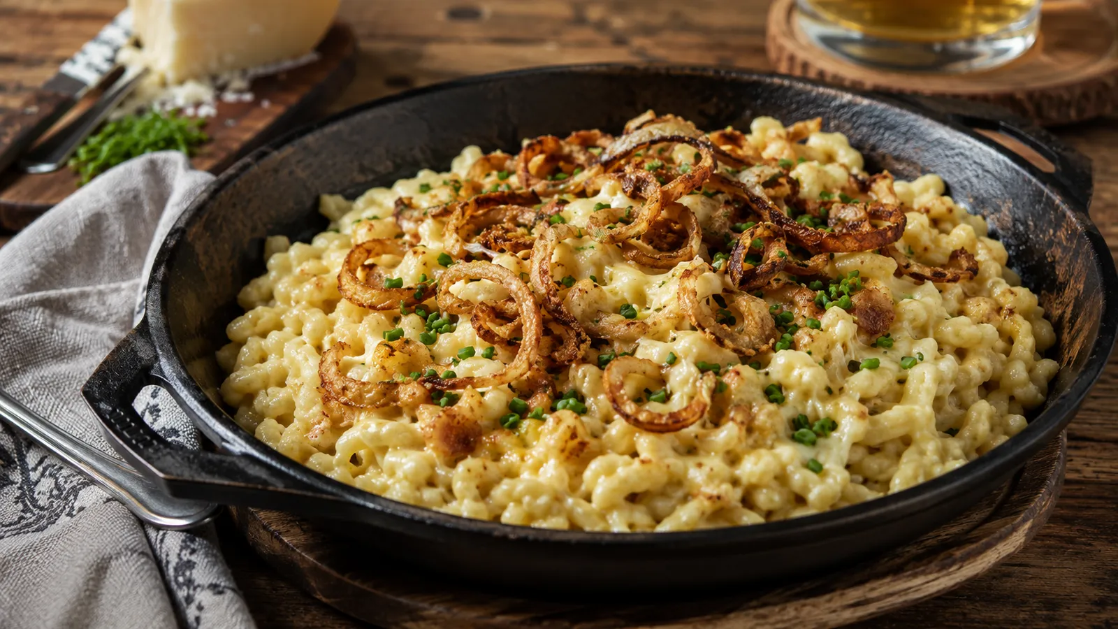 Širok crni tiganj Käsespätzle sa rastopljenim sirom, prženim lukom i vlašcem na drvenom stolu