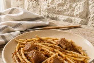 Kvadratni kadar dugih makaruna na iglu u gustom junećem sosu sa četiri meka komada mesa