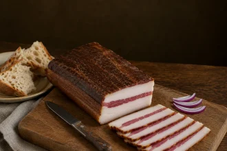 Kvadratni kadar velikog komada dimljene slanine sa jasnim belim i ružičastim slojevima