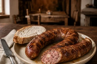 Turopoljska češnjovka u kolutu sa presečenim krajem koji pokazuje krupno mleveno meso i komade slanine
