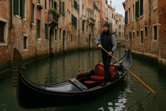 Venecijanski gondolijer stoji na krmi crne gondole u uskom kanalu