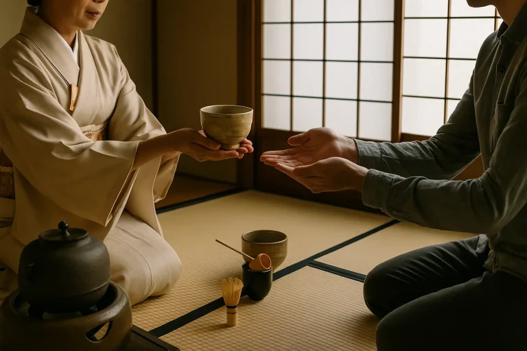 Domaćin priprema maču tokom japanske ceremonije čaja u tatami sobi