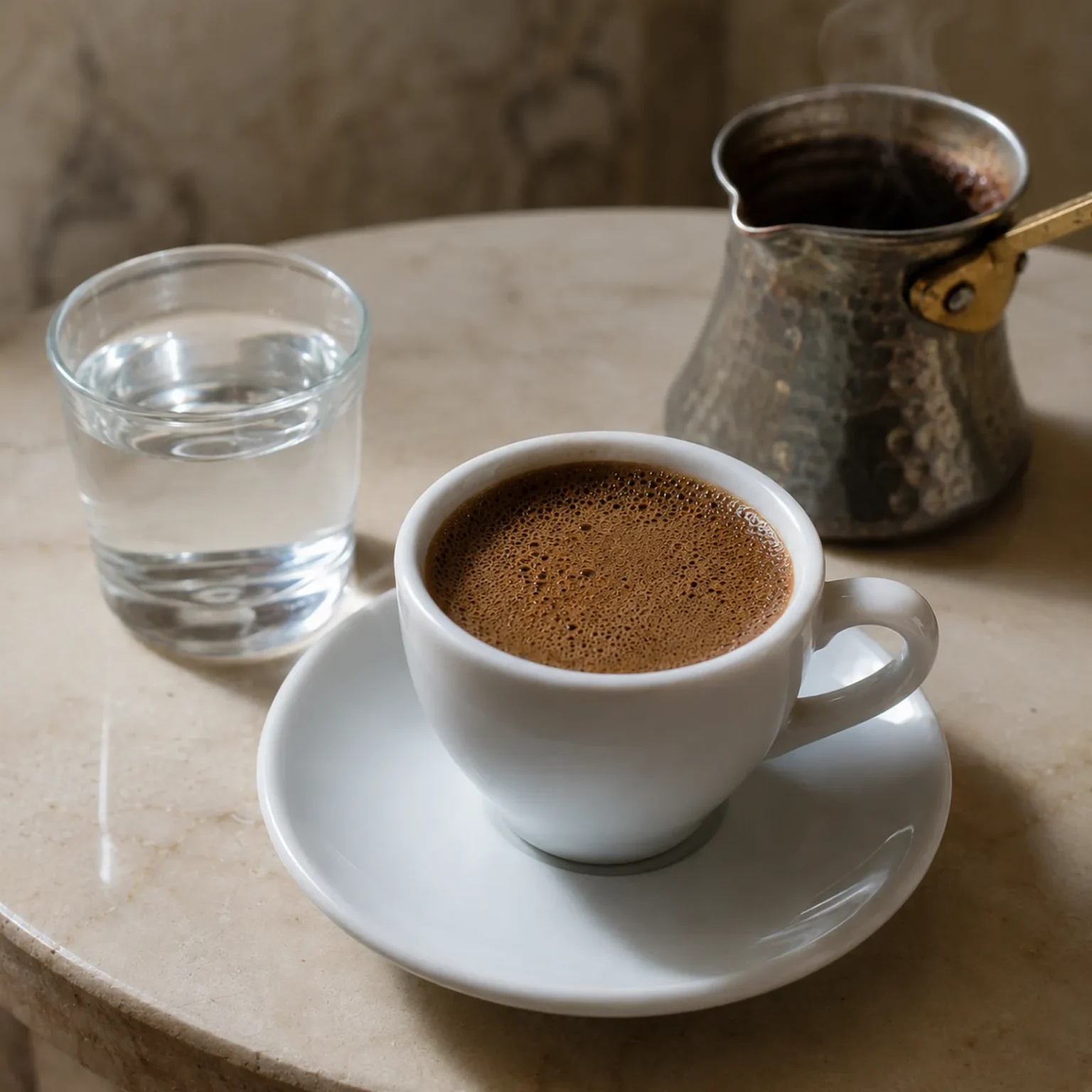 Kvadratni krupni kadar bele šoljice grčke kafe sa postojanom sitnom penom
