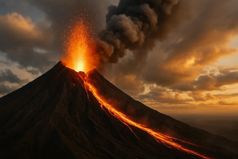 Erupcija aktivnog vulkana sa lavom i pepelom