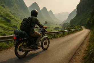 Motociklista vozi planinskim putem kroz zelene visoravni Vijetnama