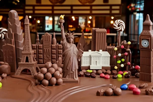 Moderan enterijer i čokoladna fontana u muzeju Lindt Home of Chocolate u Kilhbergu