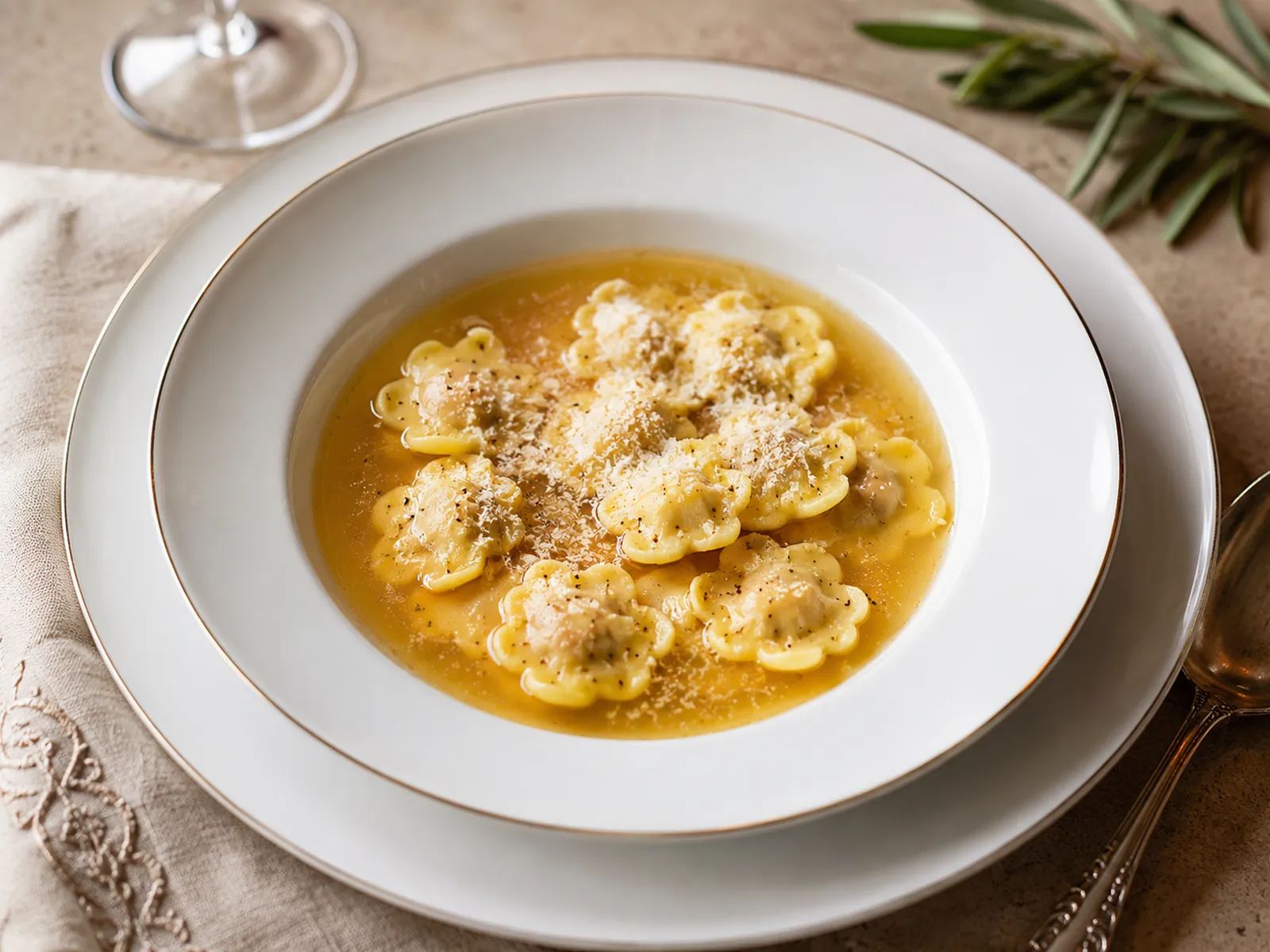 Square photograph of small round anolini floating in clear golden broth with grated Parmigiano and a restrained herb garnish.
