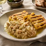 Square photograph of pale creamy baccalà alla vicentina with soft fish flakes