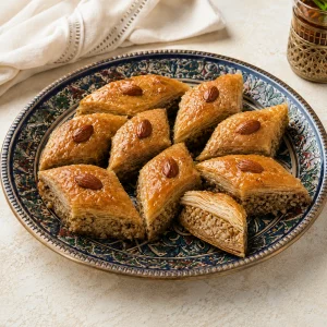 方形彩绘陶盘上摆着杏仁Baklawa菱形块，每块顶部有整粒杏仁，切面露出多层薄皮和粗碎果仁