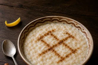 花纹陶碗中的椰奶甜米布丁，表面有肉桂线条与椰蓉