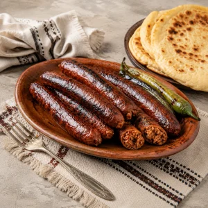 陶盘上叠放的焦香 Merguez 辣味香肠，切口露出粗绞羊牛肉馅