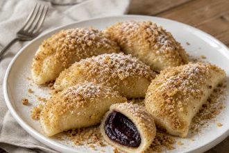 方形构图中的李子酱土豆面饺成品，突出裹烤面包屑