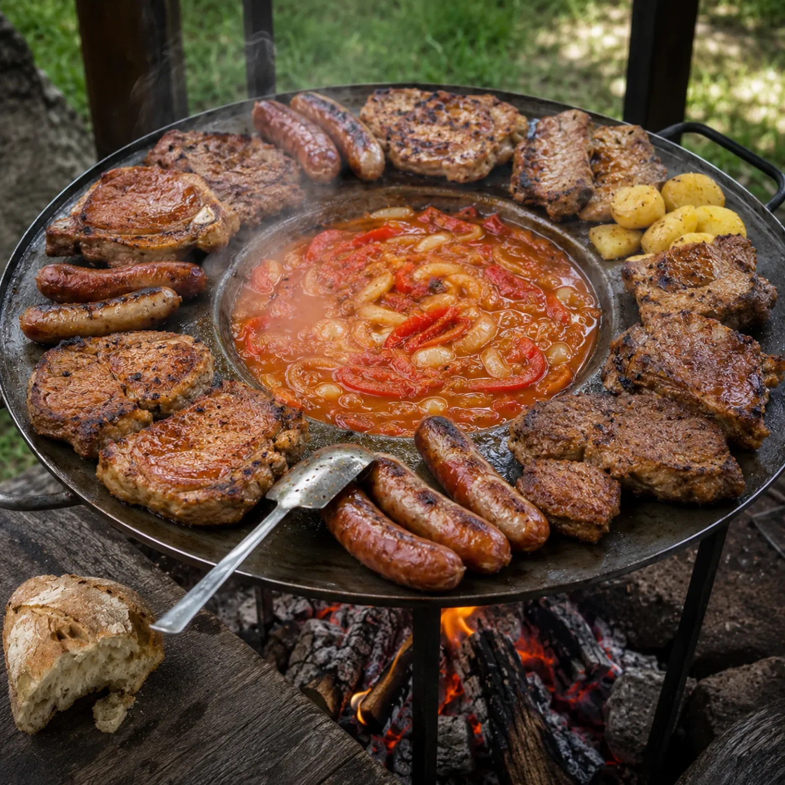 铁盘中煨好的猪排、香肠、鸡肉和土豆浸在红椒肉汁里