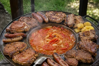 铁盘中煨好的猪排、香肠、鸡肉和土豆浸在红椒肉汁里