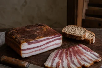 方形画面中，一块带皮烟熏五花肉与多片肥瘦相间的培根放在木板上，旁边有乡村面包、餐刀和浅色布巾。