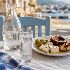 海边桌上的小杯透明 Tsipouro 和玻璃小壶，白盘中有菲达、绿橄榄与煎烤章鱼