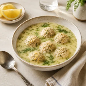 浅黄色 avgolemono 汤中的六个牛肉米饭丸子，旁边可见莳萝、柠檬角和汤勺